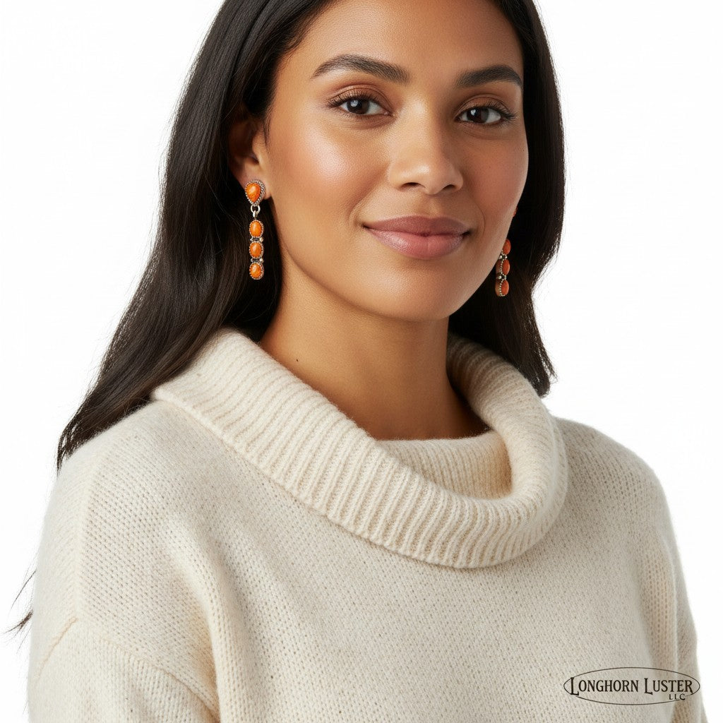 Teardrop Drop Earrings - Sterling Silver & Orange Spiny Oyster - Handmade Native American