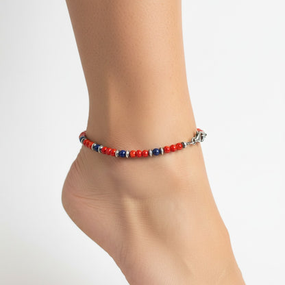 Bracelet/Anklet - Rondelle Red Spiny Oyster, Lapis & Silver Pearls - Artisan Collection