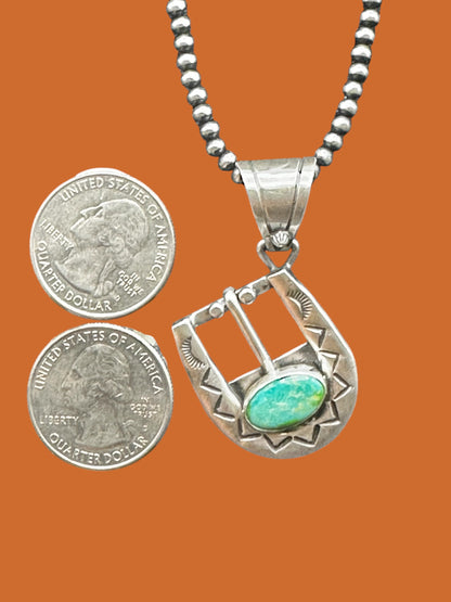 Leroy James – Belt Buckle Pendant – Sterling Silver and Genuine Turquoise-  Authentic Native American Handmade - American Sterling Silver - Made in USA