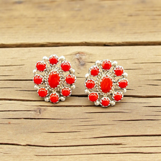 Cluster Red Coral and Sterling Silver - Stud Earrings - Handcrafted Native American