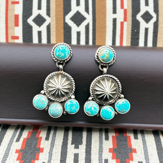 Cluster - Turquoise/Spiny Oyster and Sterling Silver - Drop Earrings - Handcrafted Native American