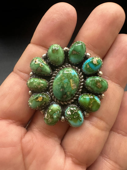 Large Multi Stone Cluster Ring  – Sterling Silver and Genuine Turquoise -  Authentic Handmade Native American – Pansy Johnson