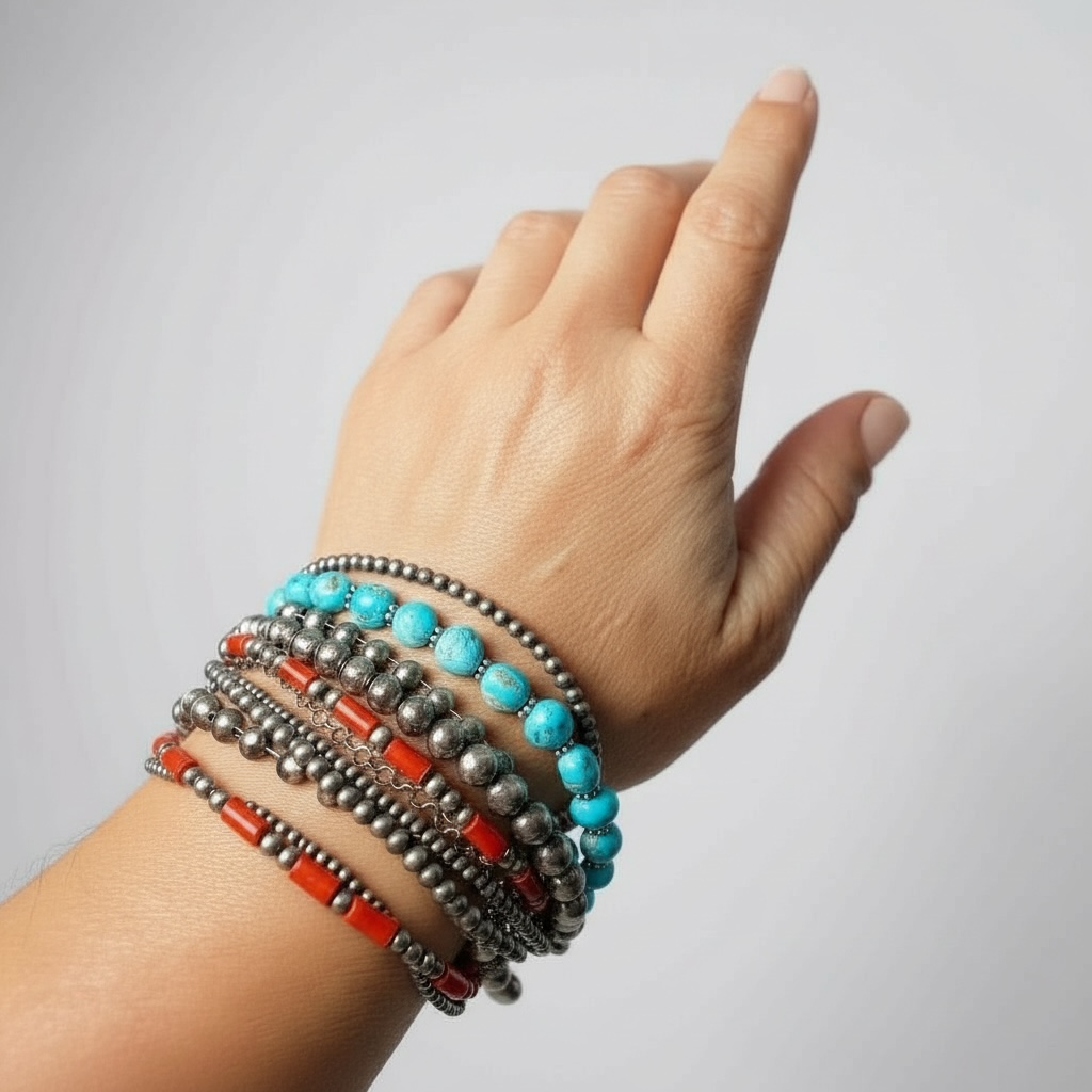 Multi Strand Bracelet - Silver Pearls, Turquoise, Coral - Zia Artisan Collection