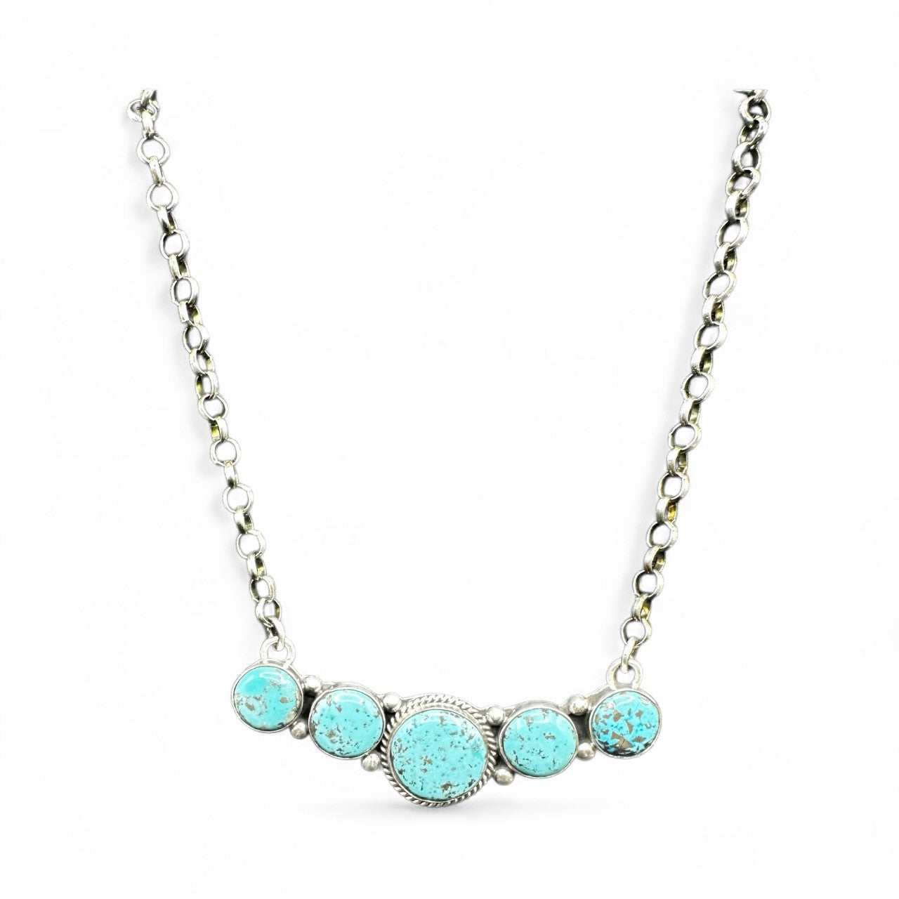 Bar Necklace – Round Turquoise and Sterling Silver - 18” Chain Link – Russell Sam