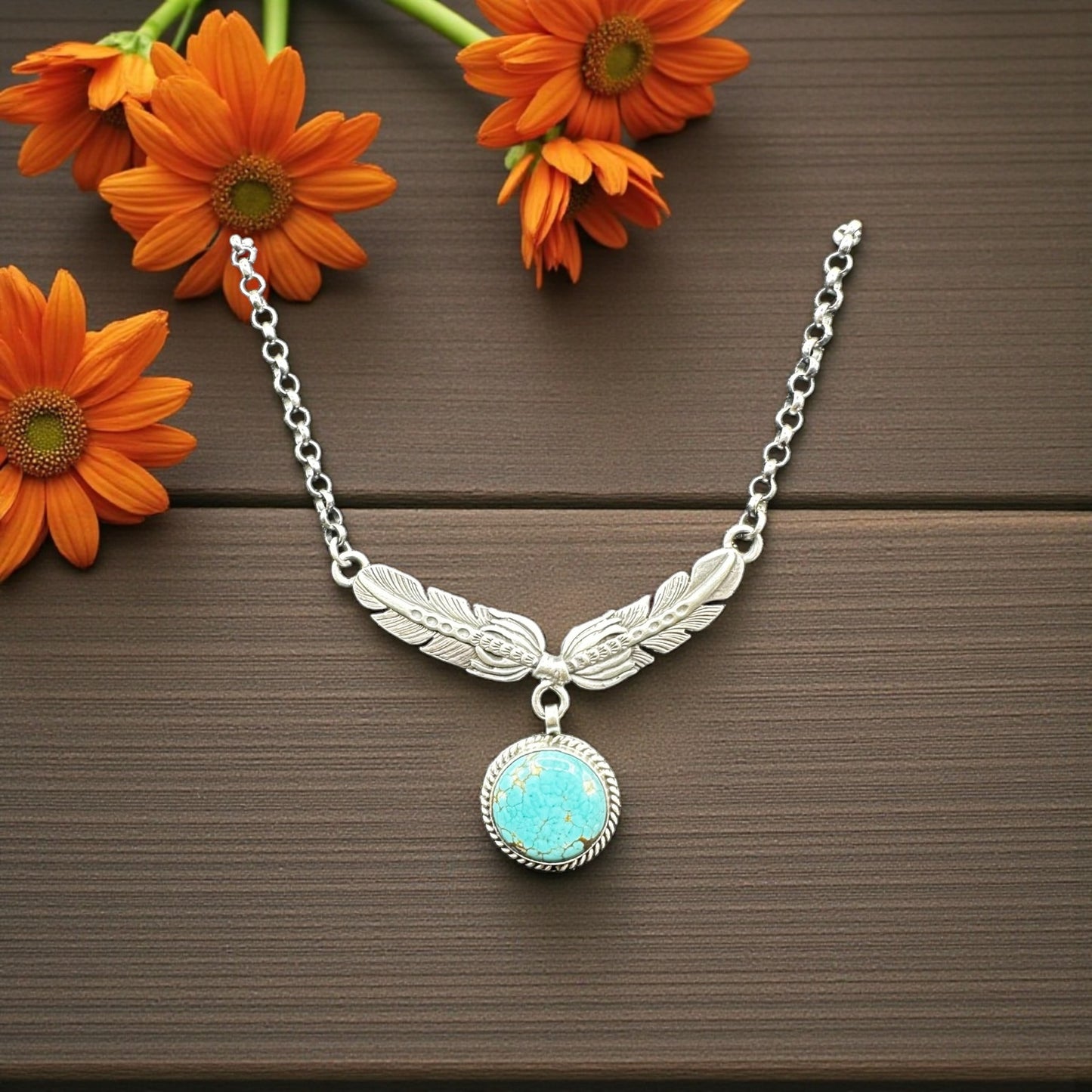 Feathered - Turquoise and Sterling Silver - Chain Link Necklace - Leroy James - Handcrafted Native American
