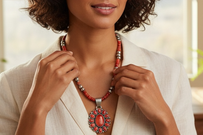 Teddy Yazzie - Cluster Pendant & Beaded Necklace Set - Spiny Oyster