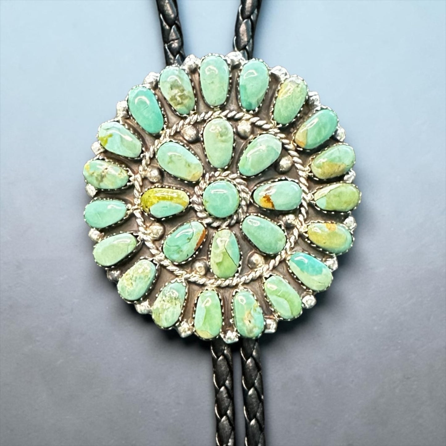 Justin Wilson – Large Zuni Inlay Bolo Tie – Sterling Silver, Turquoise, Leather -  Authentic Native American Handmade