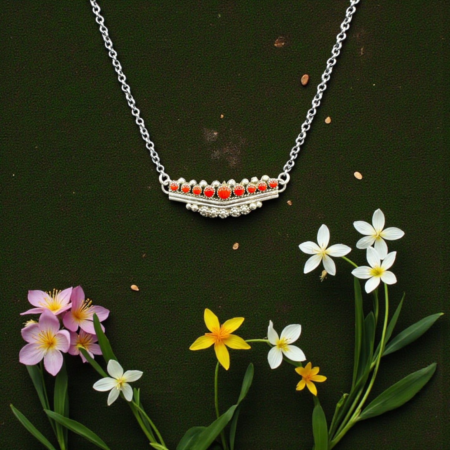 Round Bar - Turquoise/Coral and Sterling Silver Chain Link Necklace - Thomas Jim - Handcrafted Native American