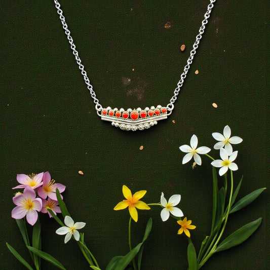 Round Bar - Turquoise/Coral and Sterling Silver Chain Link Necklace - Thomas Jim - Handcrafted Native American