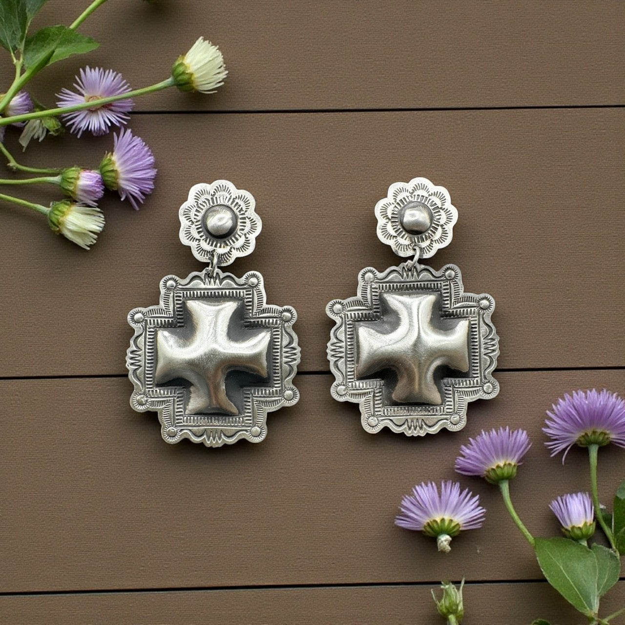 Leander Tahe - Sterling Silver Concho Cross - Drop Earrings - Handcrafted Native American