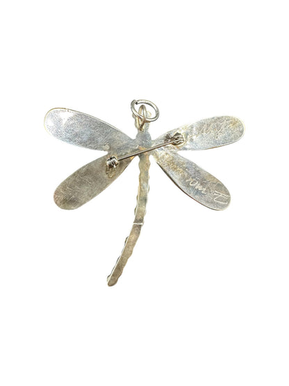Large Dragonfly Zuni Inlay Pendant - Sterling Silver & Genuine Turquoise, Spiny Oyster, Black Onyx - Handmade Native American