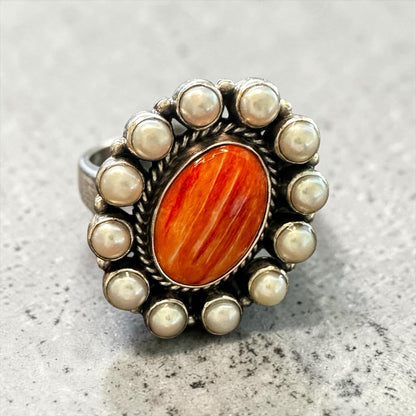 Large Cluster Cuff Ring - Spiny Oyster and Fresh Water Pearls - Handmade Artisan Collection