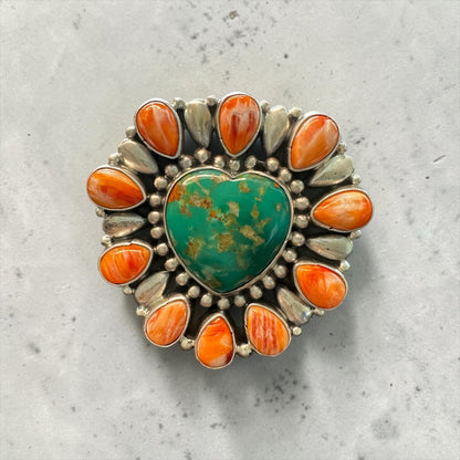 Large Heart Multi Stone Cluster Ring - Sterling Silver, Genuine Turquoise and Spiny Oyster – Handmade Native American - Geraldine James