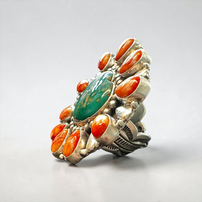 Large Heart Multi Stone Cluster Ring - Sterling Silver, Genuine Turquoise and Spiny Oyster – Handmade Native American - Geraldine James