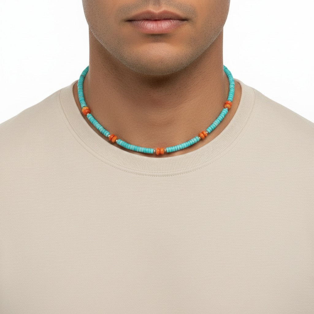 4MM Heishe Turquoise Necklace & Orange Spiny Oyster Rondelle Beads  - Hand Strung Artisan Collection