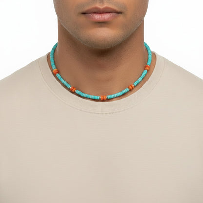 4MM Heishe Turquoise Necklace & Orange Spiny Oyster Rondelle Beads  - Hand Strung Artisan Collection