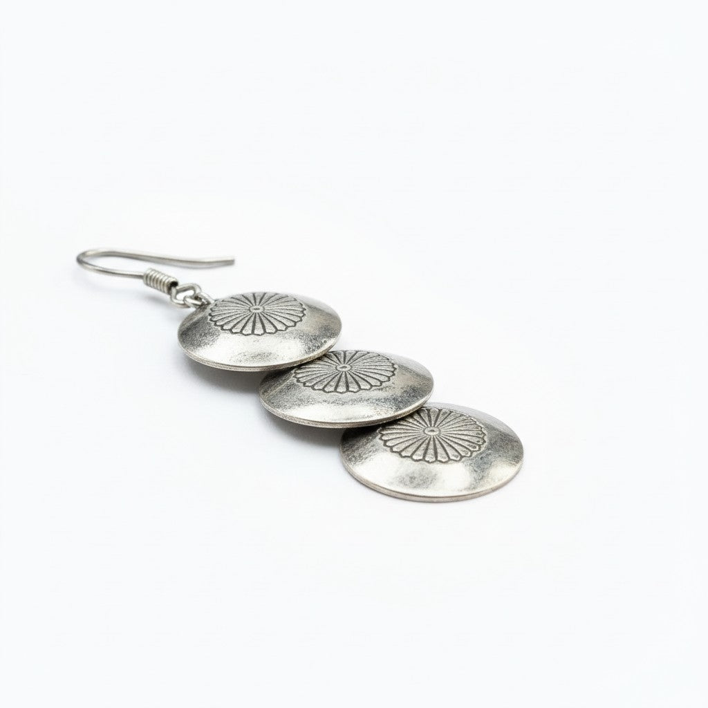 Medium Hook Dangle Earrings – Triple Disc Saucer Pearls -  Authentic Native American Handmade - American Sterling Silver - Made in USA