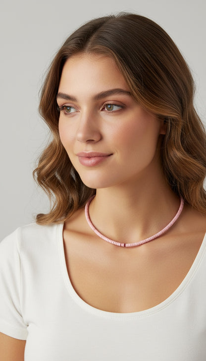 Genuine Jasper Pink Quartz Heishi Necklace –  Resembles Pink Conch Shell - Ready Made
