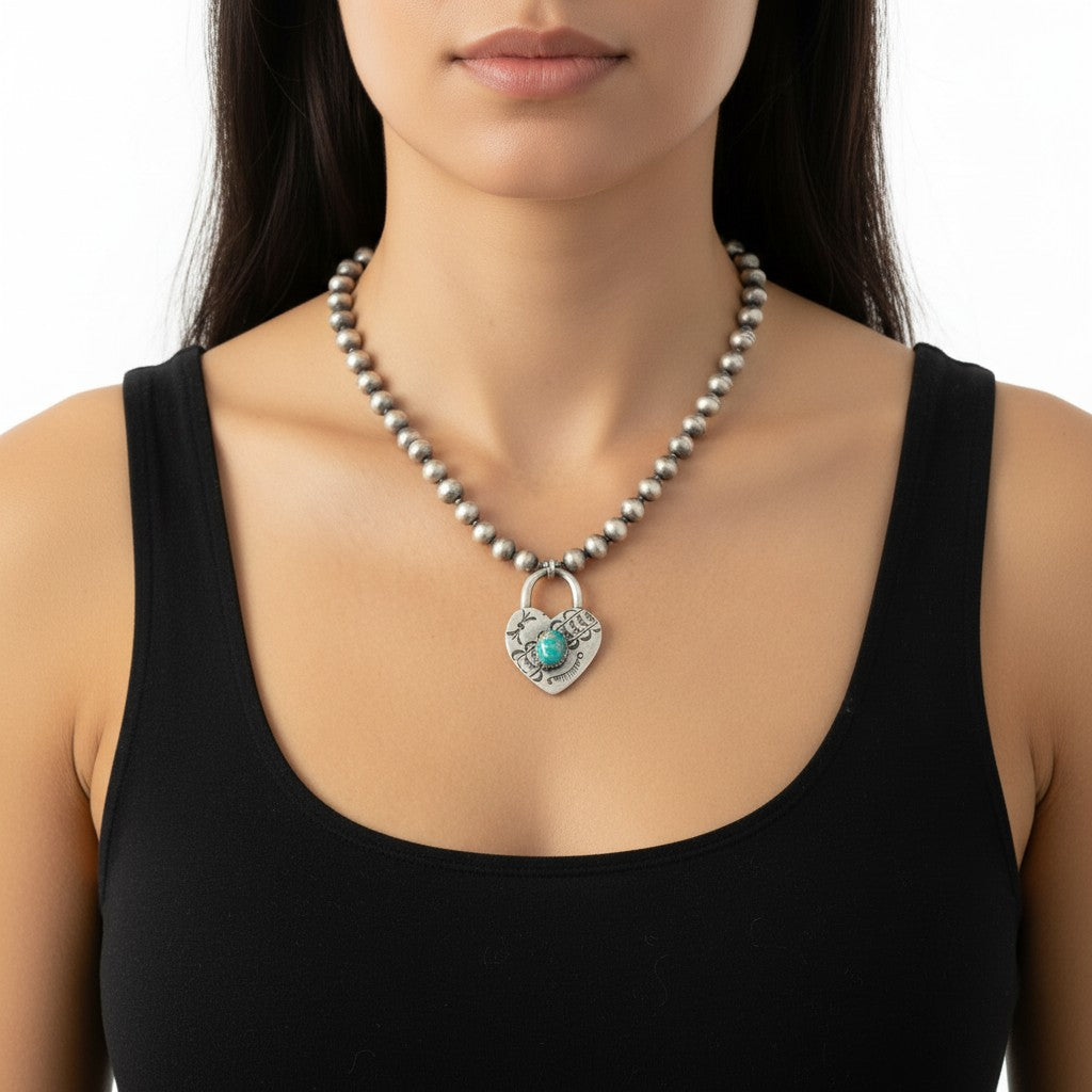 Small Heart Pendant - Sterling Silver & Genuine Turquoise - Handmade by Patricia Yazzie