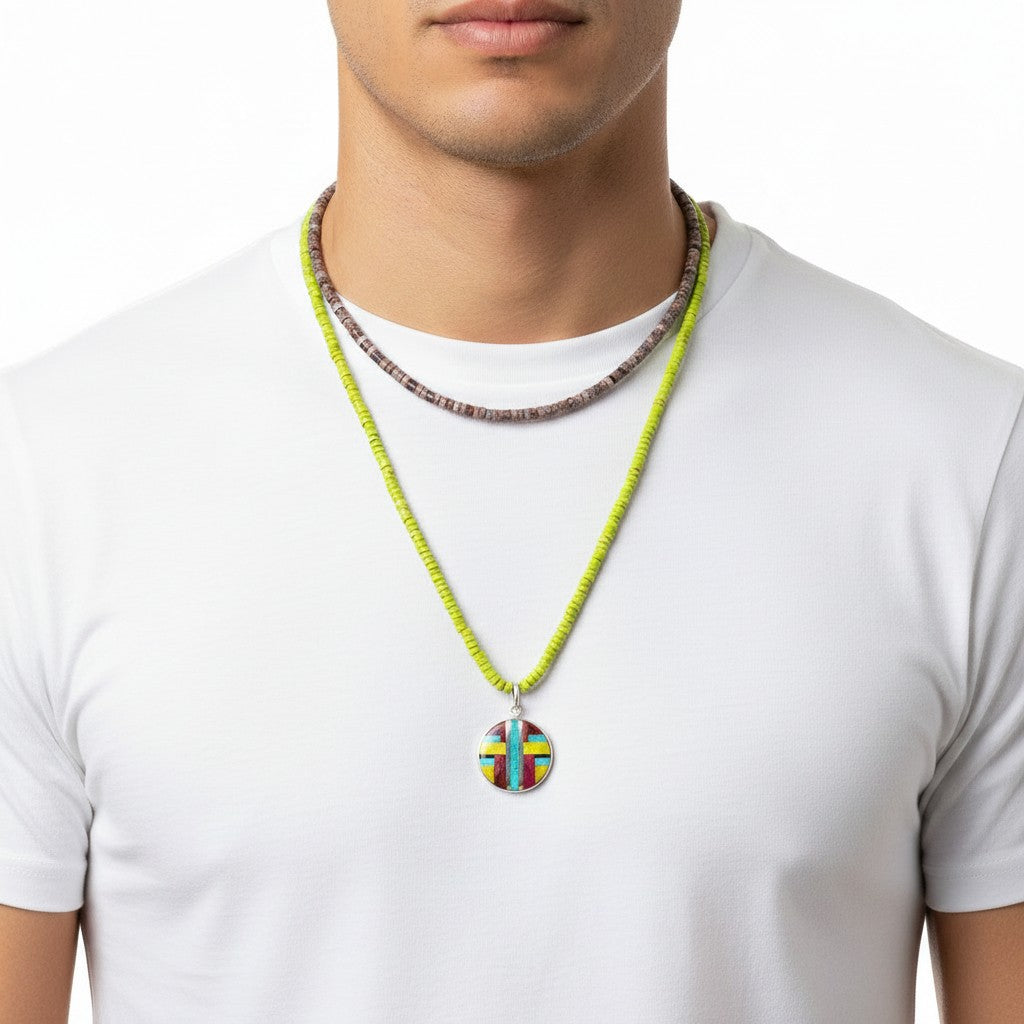 Double Heishi Necklace & Zuni Inlay Round Pendant Set - Spiny Oyster & Sage Turquoise Round- Handmade Artisan Collection