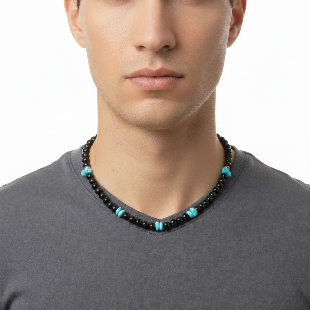 6MM Black Onyx Pearl Necklace with Genuine Turquoise Nuggets -  Hand Strung Artisan Collection