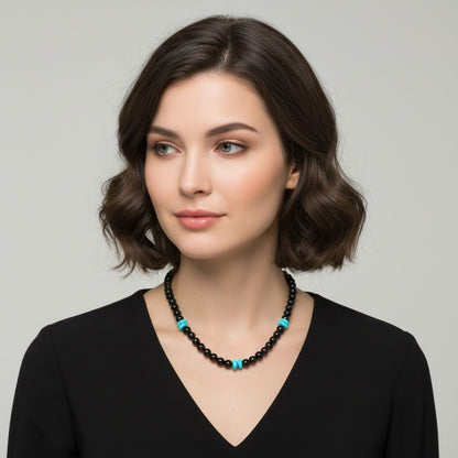 6MM Black Onyx Pearl Necklace with Genuine Turquoise Nuggets -  Hand Strung Artisan Collection