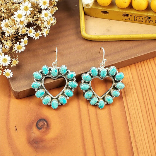 Hearts Turquoise and Sterling Silver Dangle  - Stud Earrings - Handcrafted Native American