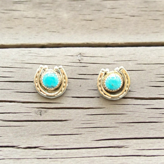 Horseshoe Turquoise and Sterling Silver - Stud Earrings - Handcrafted Native American