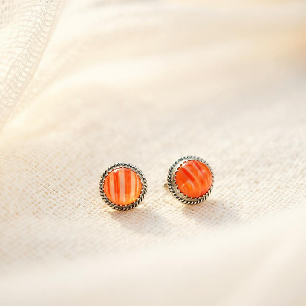 Handcrafted Native American Genuine Spiny Oyster and Sterling Silver Stud Earrings