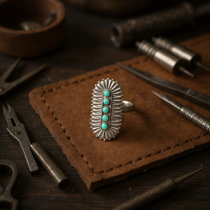Silver ring with turquoise stones on a brown leather surface surrounded by tools