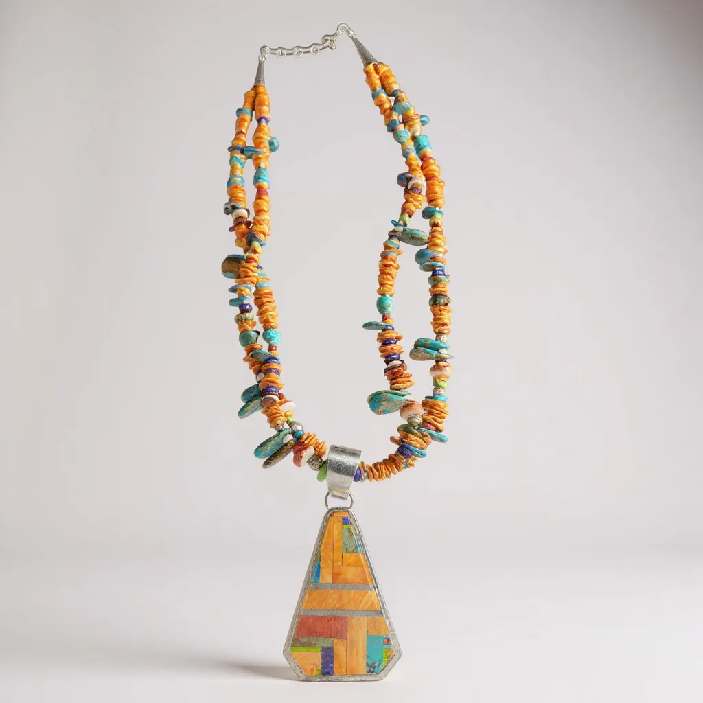 Handcrafted Native American sterling silver and multi-gemstone necklace and pendant.