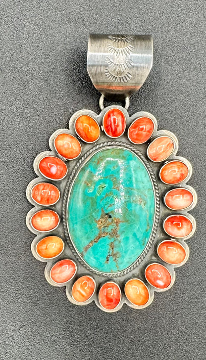 Cluster Pendant - Turquoise, Spiny Oyster and Sterling Silver