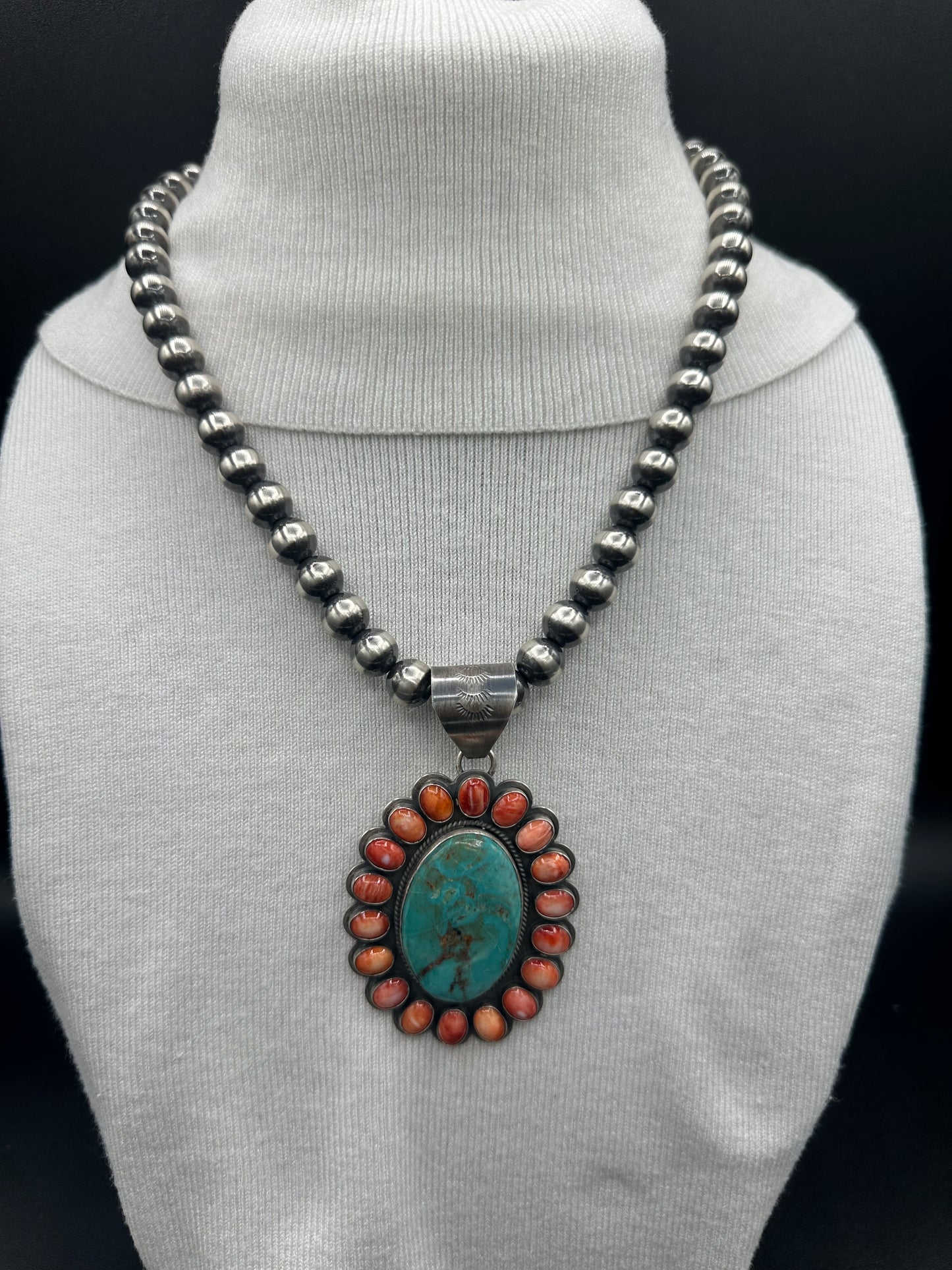 Cluster Pendant - Turquoise, Spiny Oyster and Sterling Silver