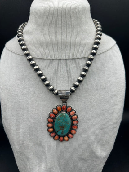 Cluster Pendant - Turquoise, Spiny Oyster and Sterling Silver