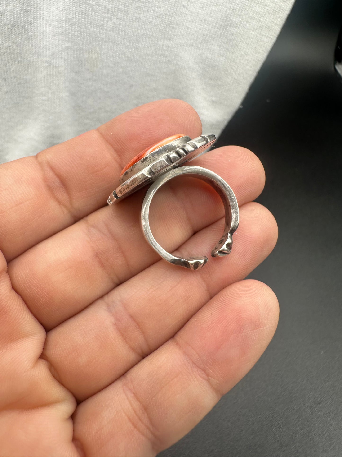 Handcrafted Native American Sterling Silver and Orange Spiny Oyster Adjustable Ring