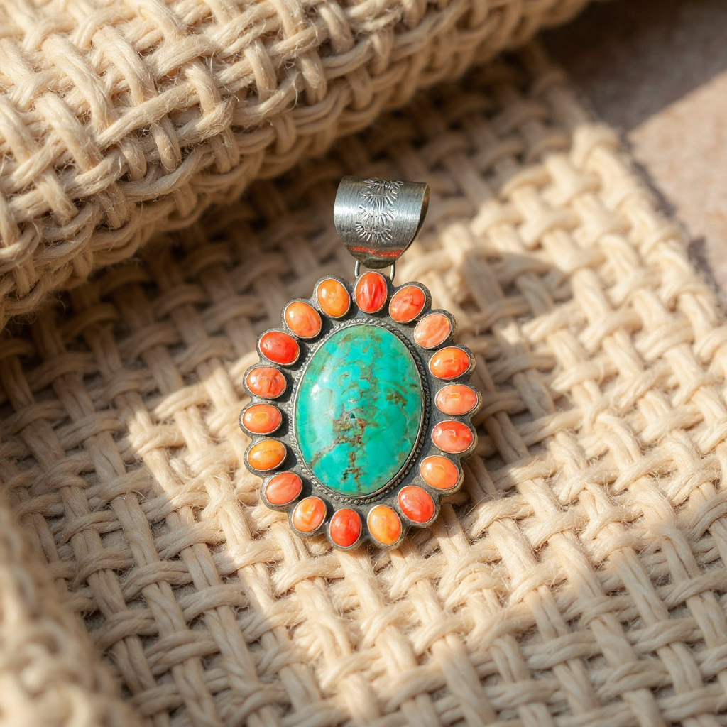 Cluster Pendant - Turquoise, Spiny Oyster and Sterling Silver