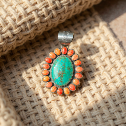 Cluster Pendant - Turquoise, Spiny Oyster and Sterling Silver