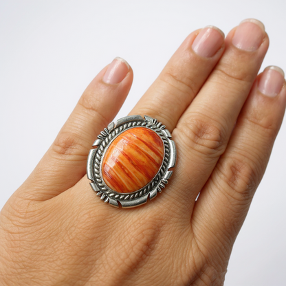 Handcrafted Native American Sterling Silver and Orange Spiny Oyster Adjustable Ring