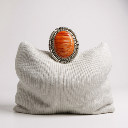Handcrafted Native American Sterling Silver and Orange Spiny Oyster Adjustable Ring