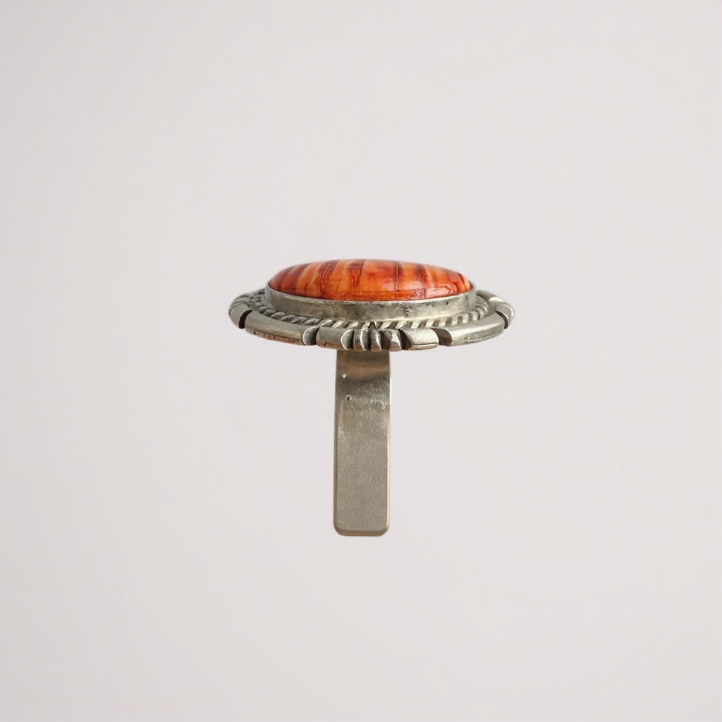 Handcrafted Native American Sterling Silver and Orange Spiny Oyster Adjustable Ring