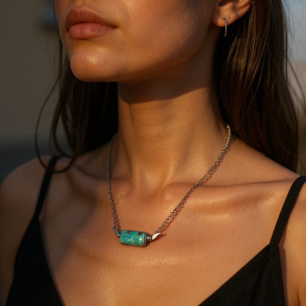 Turquoise and Sterling Silver Longhorn Bar Necklace - Handcrafted Native American