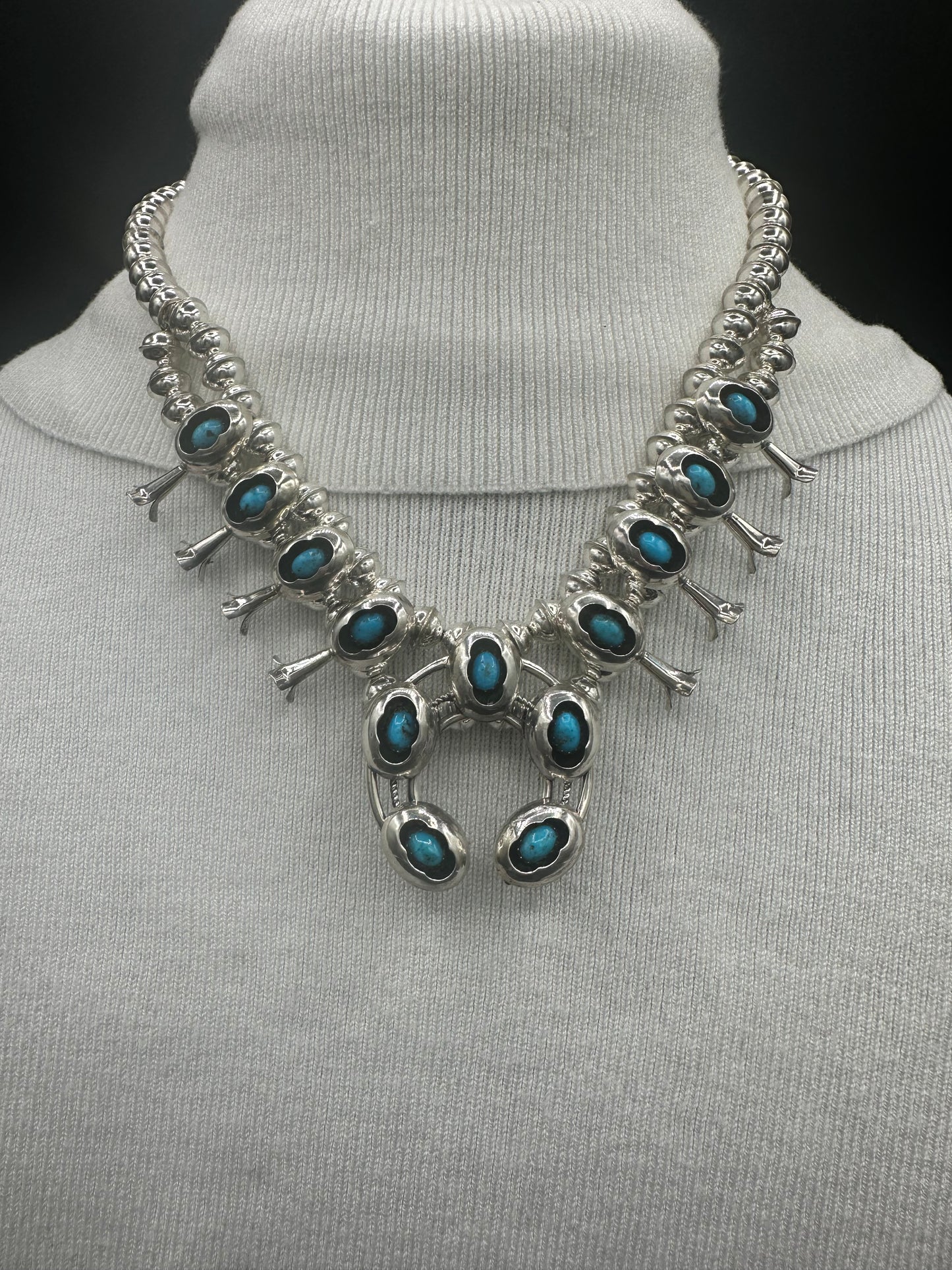 Handcrafted Native American Squash Blossom, Naja Pendant, Sterling Silver Beaded Necklace.