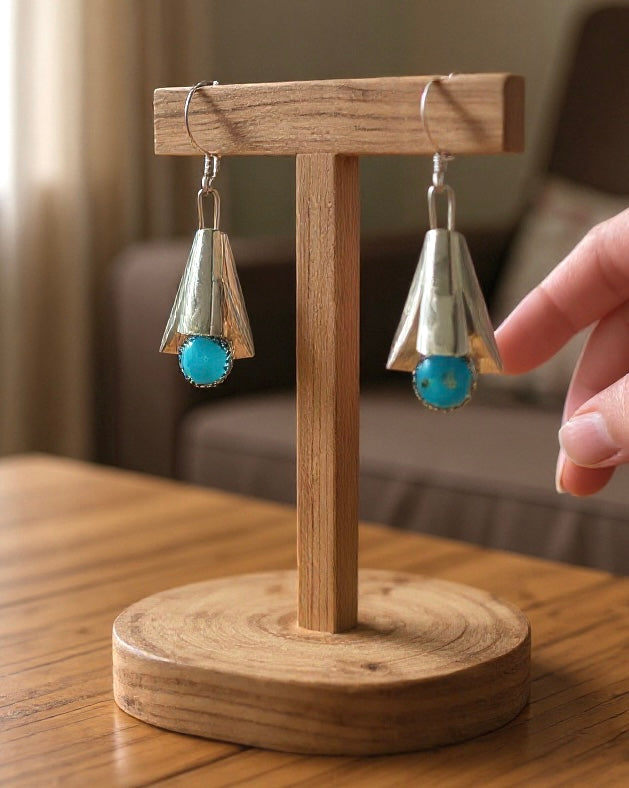 Handcrafted Native American Squash Blossom Sterling Silver Turquoise Earrings.