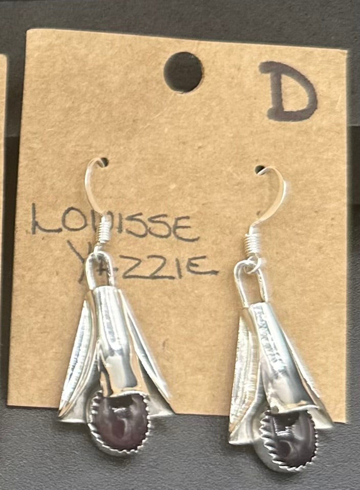 Handcrafted Native American Squash Blossom Sterling Silver Purple Spiny Oyster Earrings.