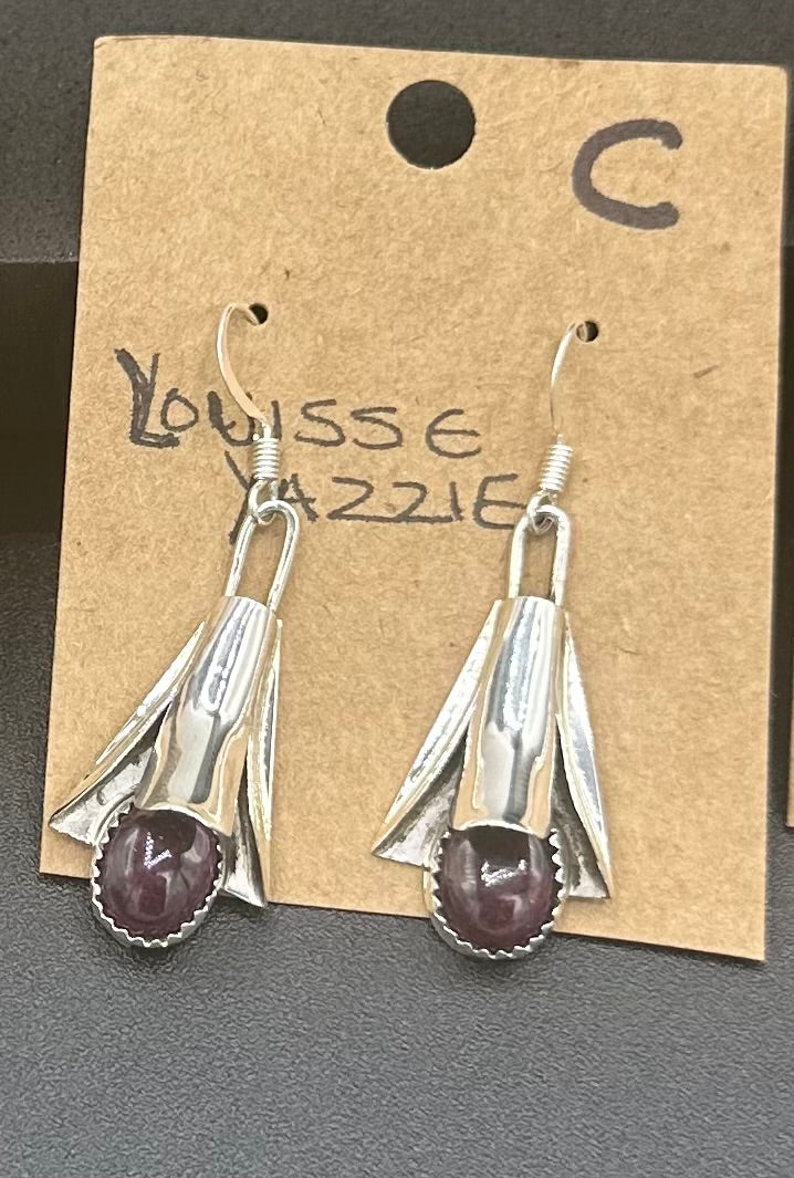 Handcrafted Native American Squash Blossom Sterling Silver Purple Spiny Oyster Earrings.