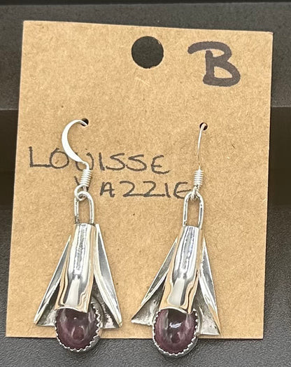 Handcrafted Native American Squash Blossom Sterling Silver Purple Spiny Oyster Earrings.