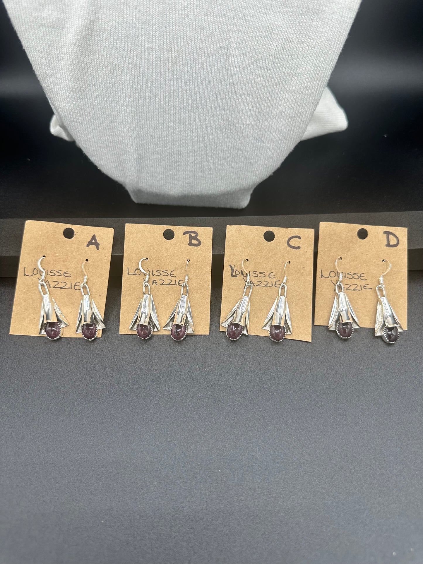 Handcrafted Native American Squash Blossom Sterling Silver Purple Spiny Oyster Earrings.
