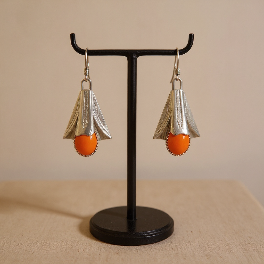 Handcrafted Native American Squash Blossom Sterling Silver Orange Spiny Oyster Earrings