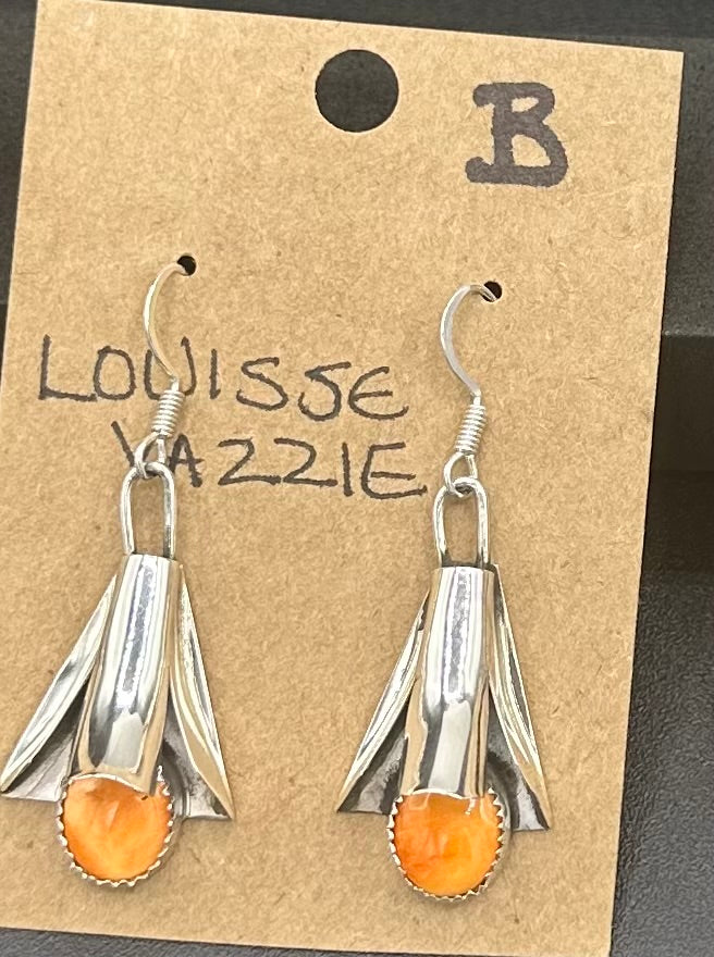 Handcrafted Native American Squash Blossom Sterling Silver Orange Spiny Oyster Earrings