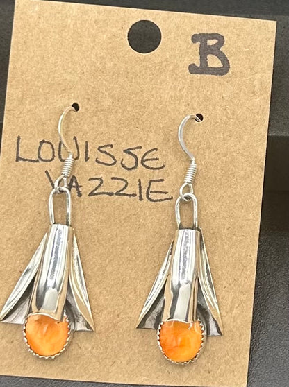 Handcrafted Native American Squash Blossom Sterling Silver Orange Spiny Oyster Earrings